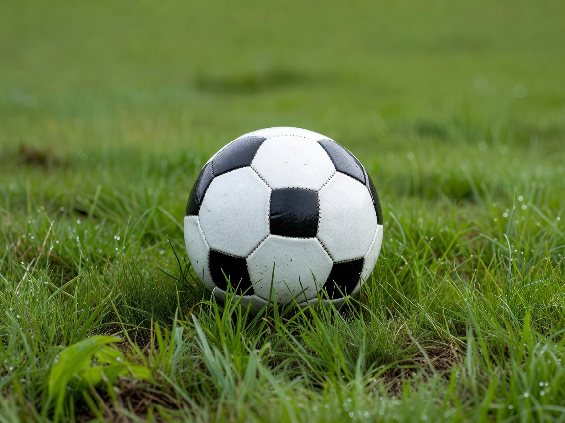 A high dynamic close up view of a standard match football resting on lush natural grass