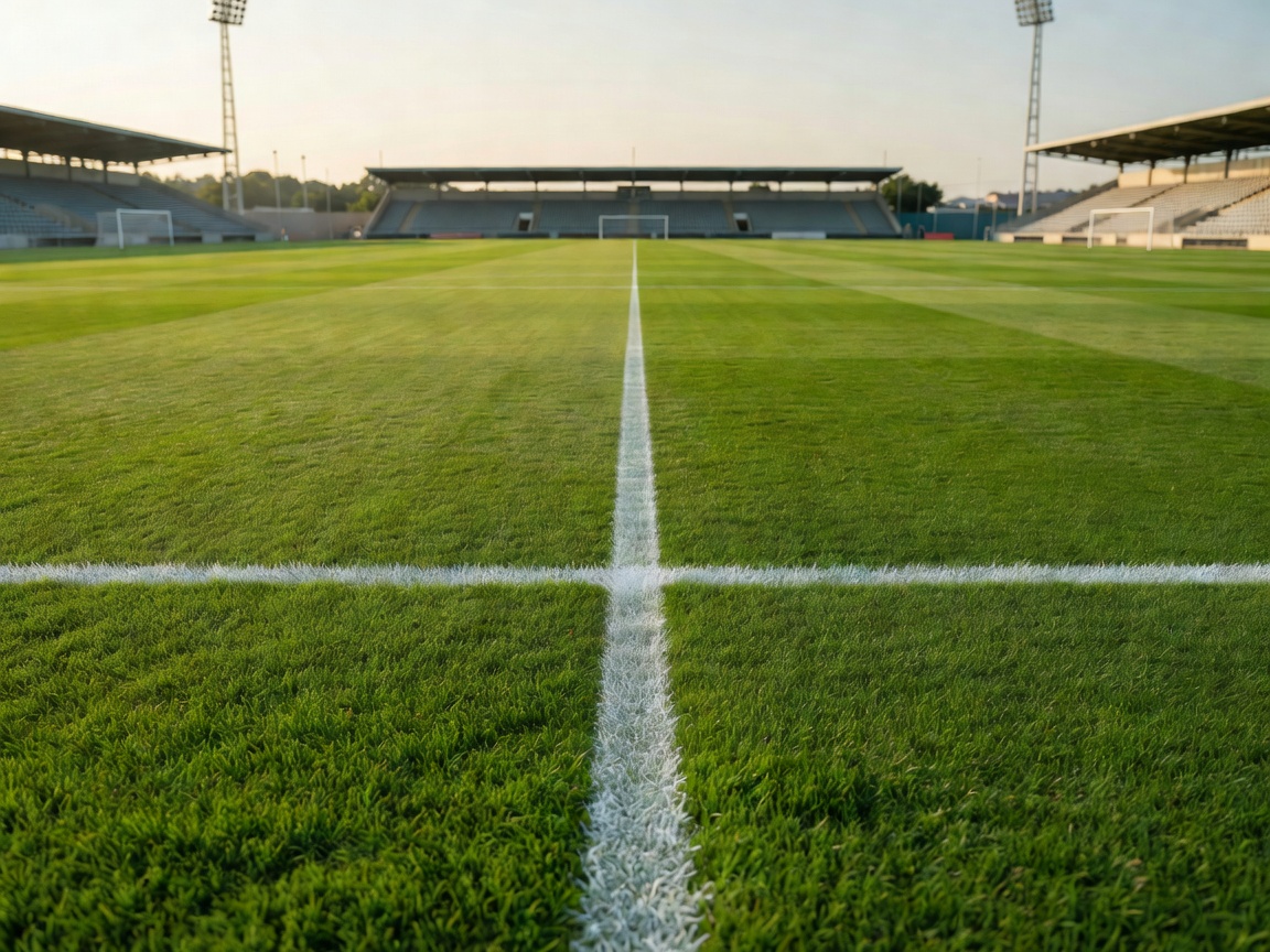 Lush green soccer pitch showing a modern perspective background grid with chalk outlines